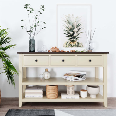 Console de style Mid-Century avec deux tablettes ouvertes, structure en bois de pin et plateau en panneau de fibres à densité moyenne pour le salon
