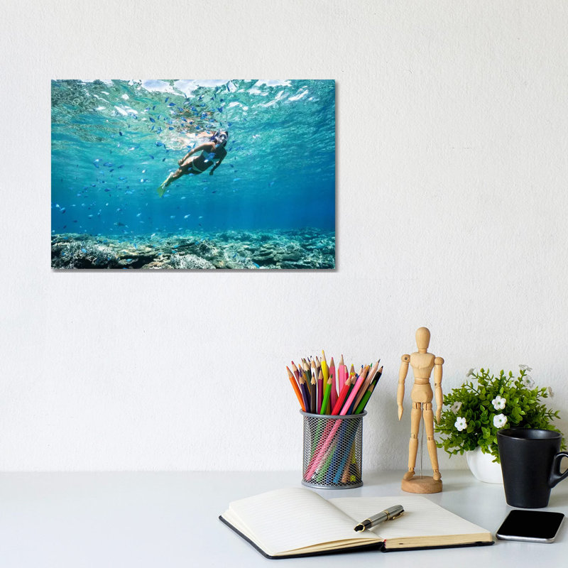 Underwater Bikini Snorkeller Coral Reef Fish 1 Piece Wrapped Canvas Wall Art, 20.32cm H x 30.48cm W