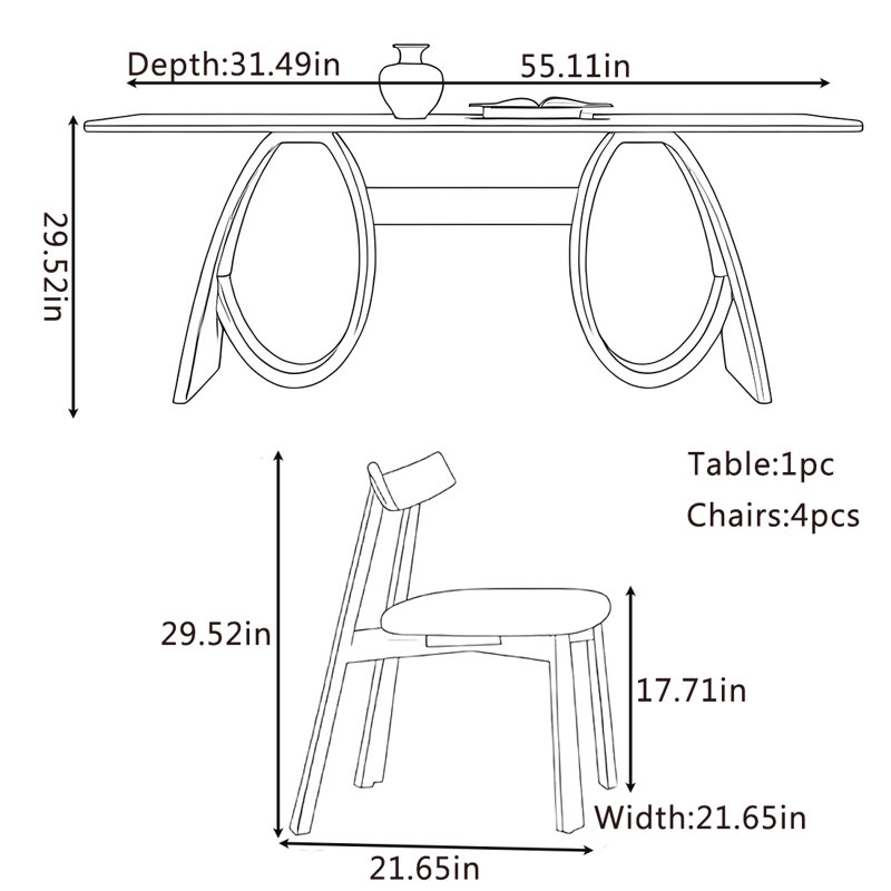 Simple table de salle à manger et ensemble de chaises de couleur noyer., H 29,52 po x L 55,11 po x l 31,49 po