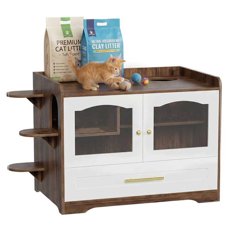 Bac à litière pour chat avec porte en acrylique, Brown+White