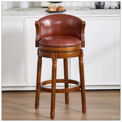 Tabourets de bar en cuir de vache avec dessus en bois, chaise de bar pivotante à 360 degrés avec dossier, tabourets de bar à hauteur de comptoir pour la cuisine, la salle à manger et le bar (brun, 1 pièce)