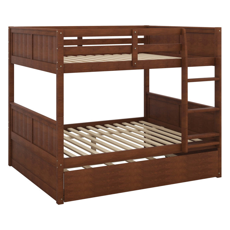 Lit superposé en bois double avec lit gigogne simple, garde-corps et échelle - convertible en deux lits, Noyer