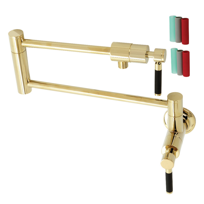 Kingston Brass Manhattan Two-Handle 1-Hole Wall Mount Pot Filler Faucet, Polished Brass, Lever Straight Wrap
