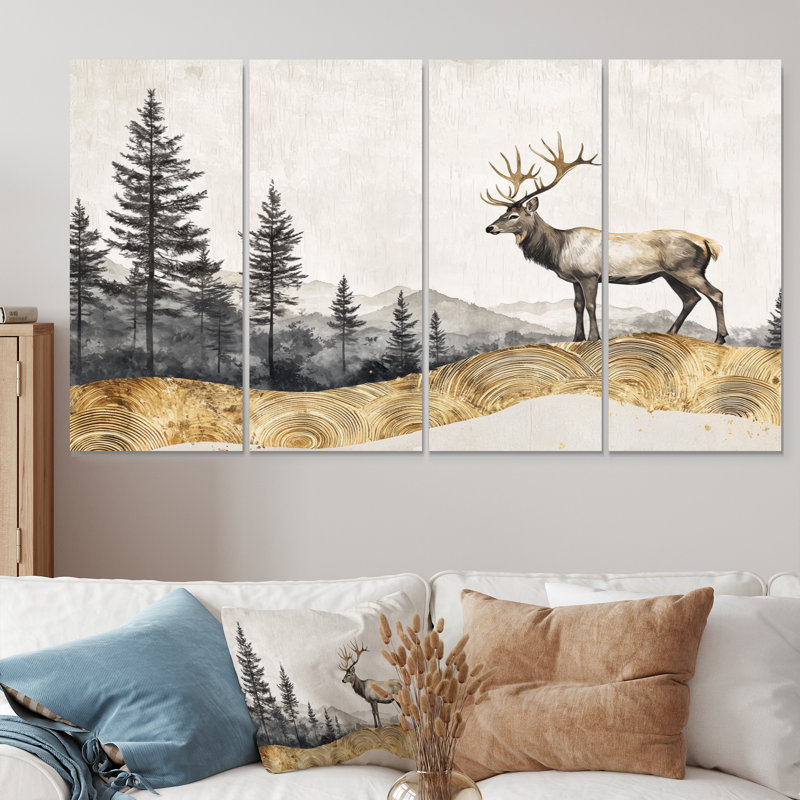 Or doré, paysage de grâce dans la forêt IV - art mural animal cerf - art mural moderne pour le salon, H 28 po x l 48 po