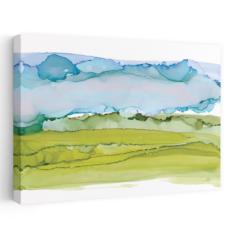 Ciel teinté I - art abstrait à l'encre bleue et verte, H 40 po x l 60 po
