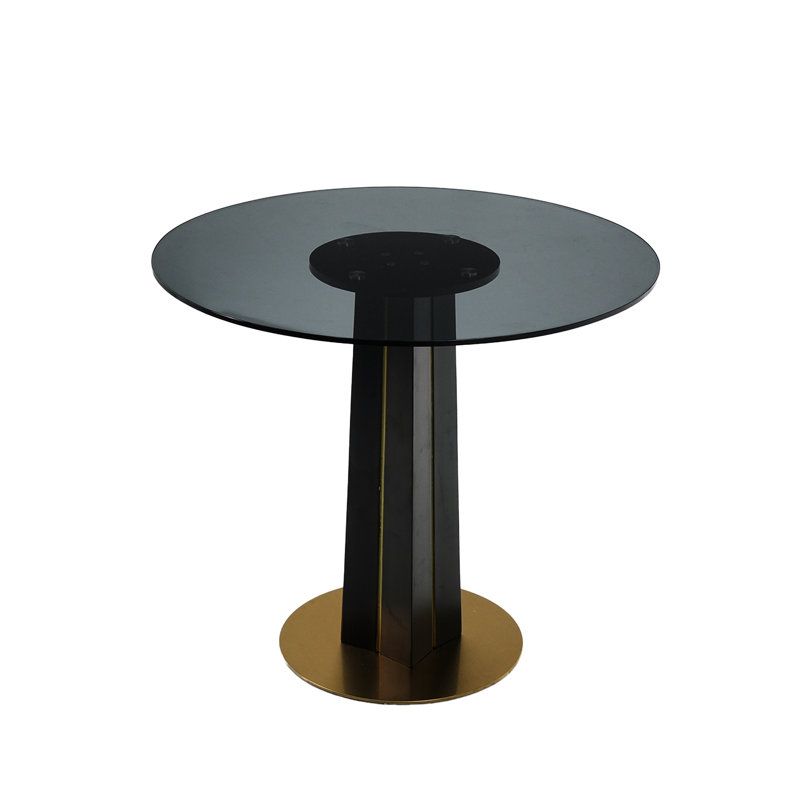 Table ronde de 85 cm en verre trempé avec pieds en bois noir et base en métal doré, rendant votre espace plus invitant, idéal pour un usage domestique, assemblage rapide