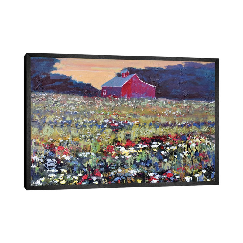 Red Barn And Flowers by Kip Decker - Gallery-Wrapped Canvas Giclée on Canvas, Black Framed, 101.6 cm H x 66.04 cm W