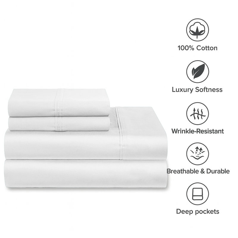Milan Collection 1000 Thread Count 100% Cotton Sheet Set, Queen Sheet Set with 2 Pillowcases, White