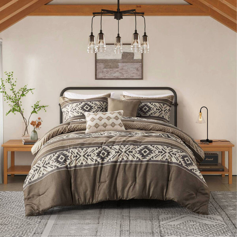 5 Piece Stripe Herringbone Comforter Set With Throw Pillows Brown