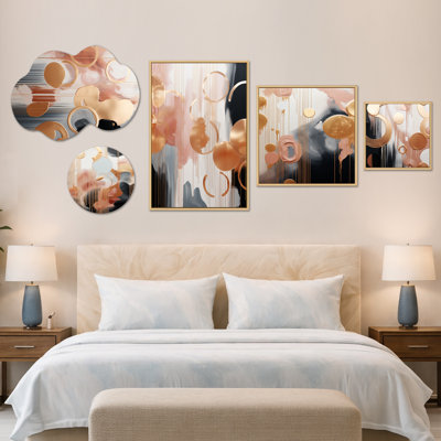 Ensemble de 5 décorations murales abstraites dorées et dorées Harmony II - très grandes décorations en métal et toile (100 po x 40 po)