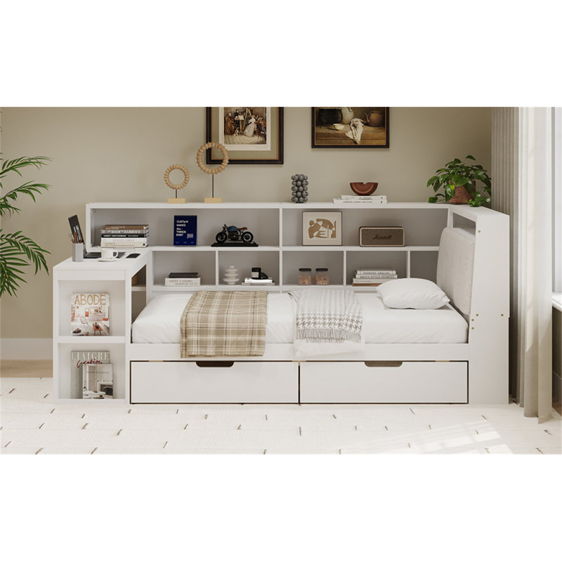 Lit de jour en L en L avec bureau et bibliothèque de rangement, Lit double, Blanc