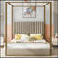 Grand lit plateforme à baldaquin avec tête de lit et structure en métal, beige