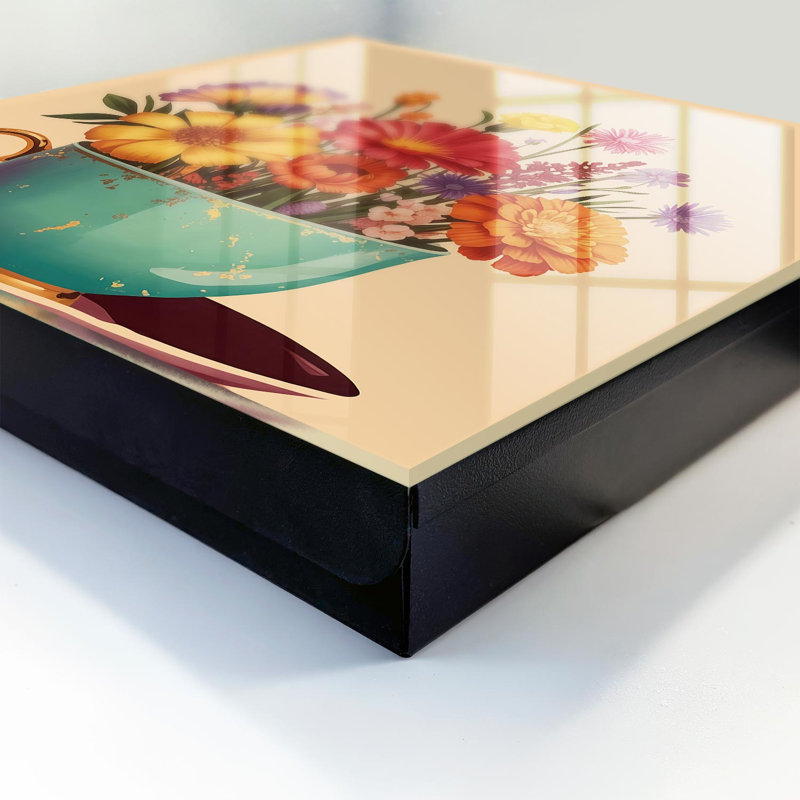 Key storage box, Opens to the right, 30x30x5, Black, Flowers in a turquoise cup on a beige background, 