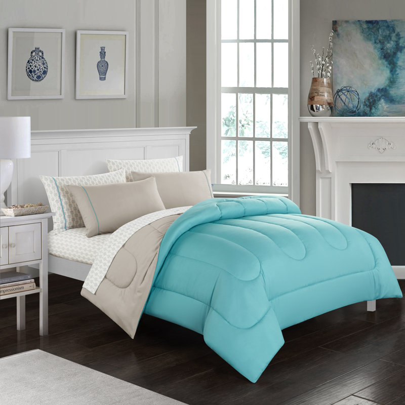 Ensemble d'édredon réversible en microfibre réversible 7 pièces, Turquoise, Édredon double et 6 pièces supplémentaires