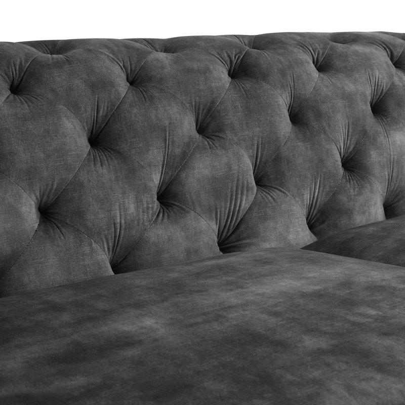 Ghaleb 237Cm Velvet Square Arms Sofa, Dark Grey Polyester Blend, Silver