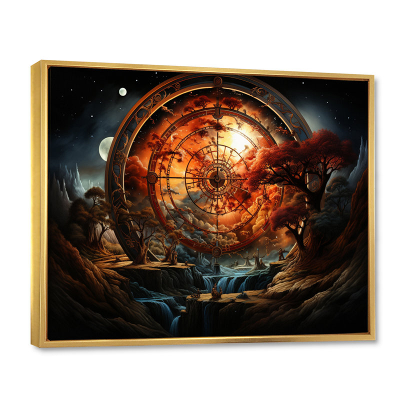 Roue de l'art bouddhiste orange - impression, H 30 po x l 40 po, Encadrement doré