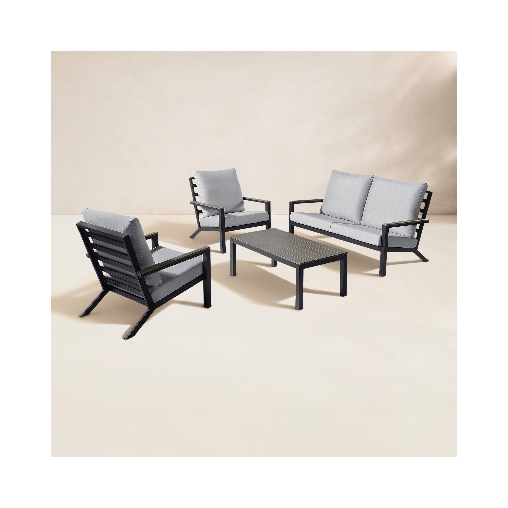 Landing 4 Piece Sofa Seating Group with Cushions , Slate Black Frame/Light Gray Cushion