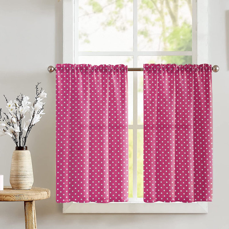 Rideau de café à pois sur mesure en mélange de coton l 27 po, Fuchsia / Blanc