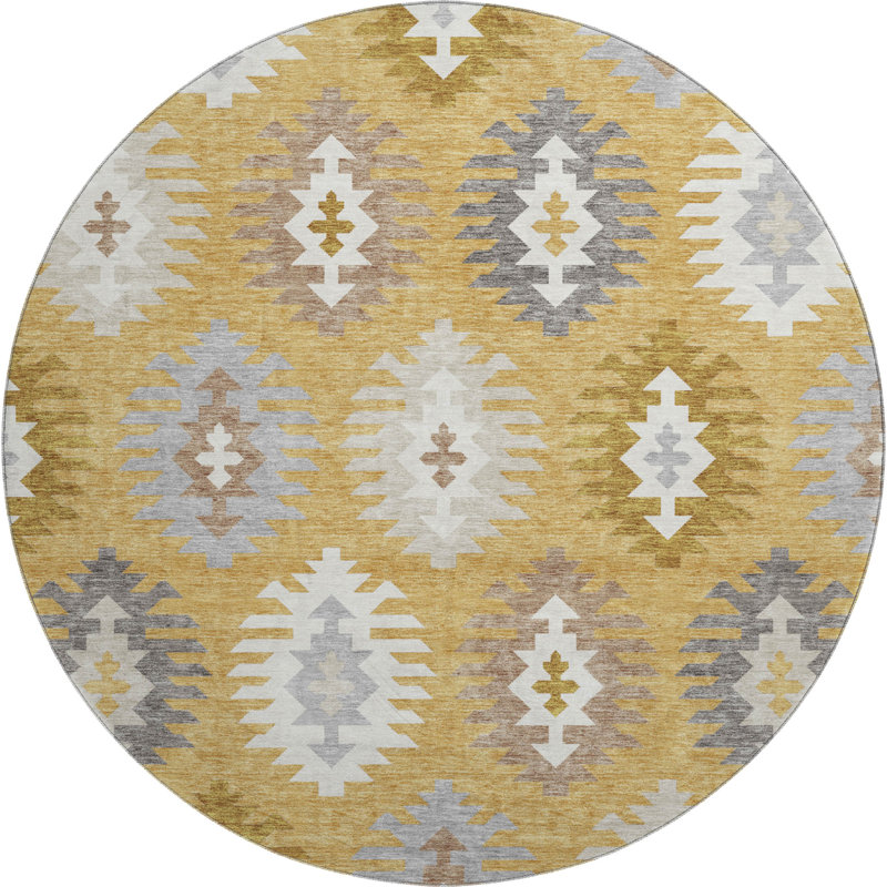 Premium Machine Washable Prisco Gold Rug, Round 8'