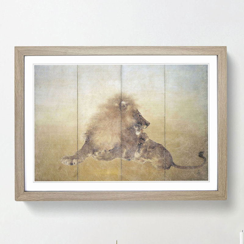 Lion by Takeuchi Seiho - Picture Frame Painting Print, 36cm H x 48cm W x 2cm D, Oak Framed