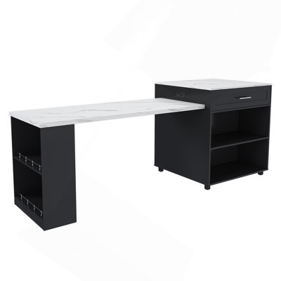 80-Inch Expandable Kitchen Island With Dining Table, Marble-Grain Countertop With Power Outlet, Mobile Storage Cart With Cabinet & 2 Drawers, Kitchen Prep Table