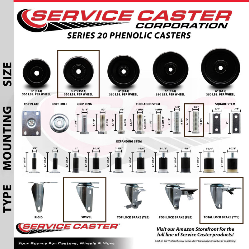 Swivel 3/4 Inch Threaded Stem Caster Set 2 Total Lock Brakes