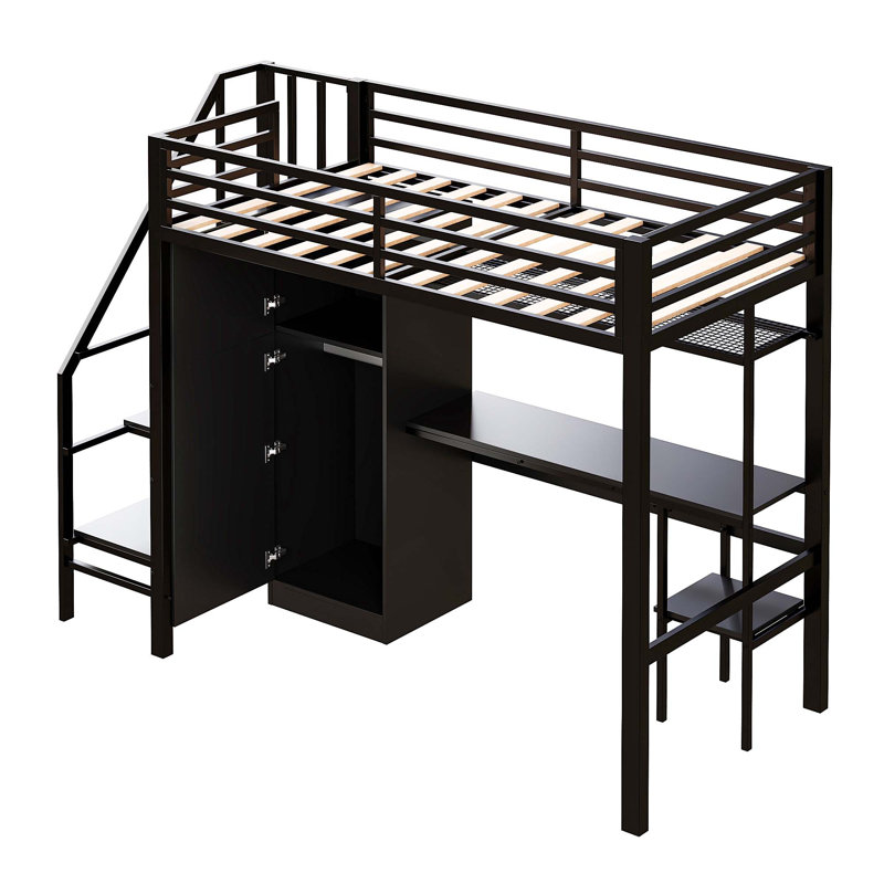 Lit mezzanine simple en métal avec bureau, tablette, armoire et escalier de rangement, Noir