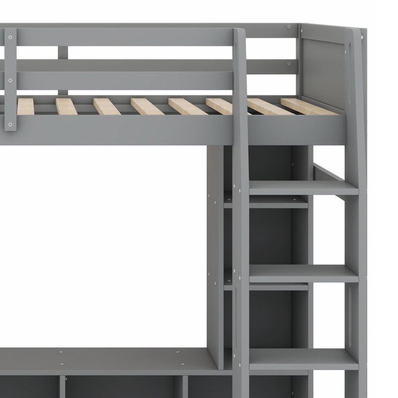 Lit mezzanine multifonctionnel en bois, équipé d'un bureau, de tablettes de rangement, d'un support à vêtements à DEL et à suspendre