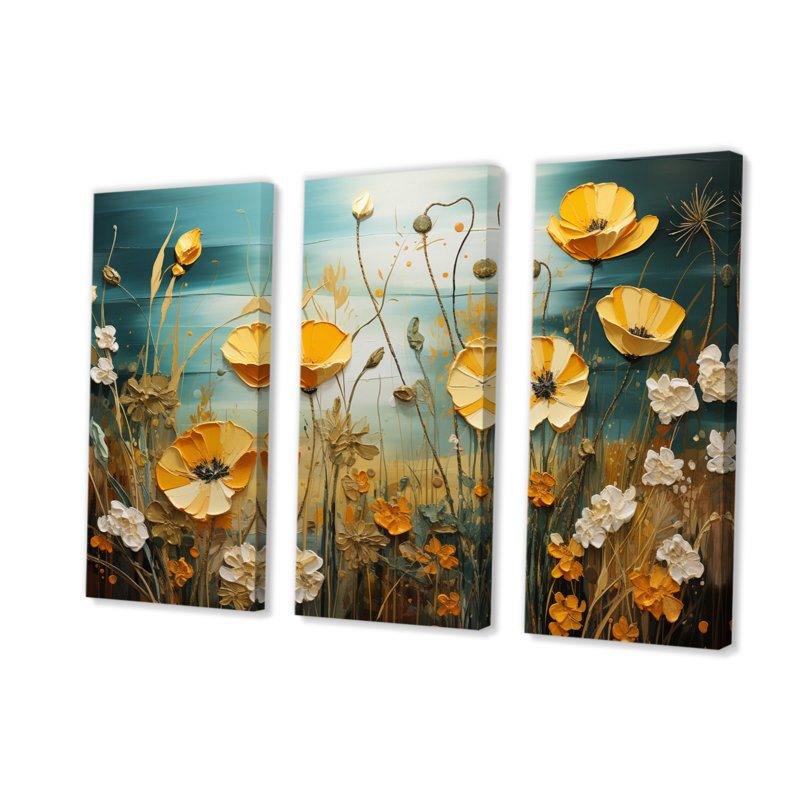 Yellow Blue Buttercups Golden Glow Patchwork I - Floral Canvas Prints Set, H 40 po x l 60 po x P 1 po