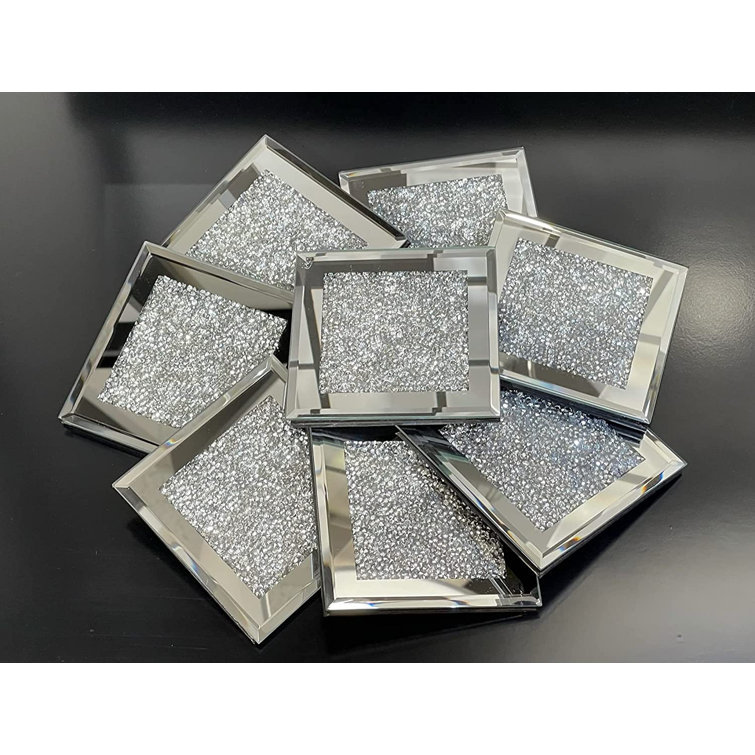 Mirrored Glass Coasters, Set of 6, Diamond Decor, Silver Wine Coaster,  Elegant M