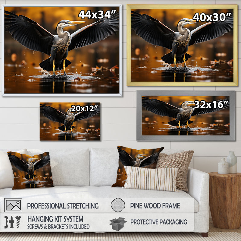 «Yellow Black Heron Elegance» dévoilé sur toile, Cadre naturel flottant, H 16 po x l 32 po x P 1 po