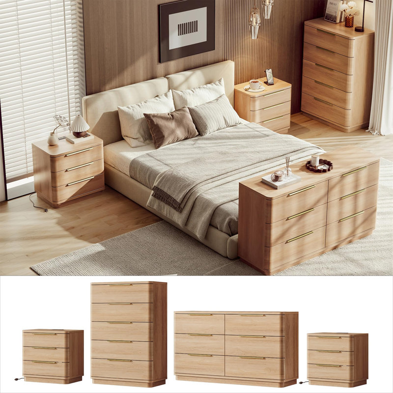 Ensemble de commode et table de chevet, ensemble de chambre à coucher 4 pièces, commode 6 tiroirs, commode haute 5 tiroirs et tables de chevet 3 tiroirs, ensemble de chambre à coucher, chêne naturel
