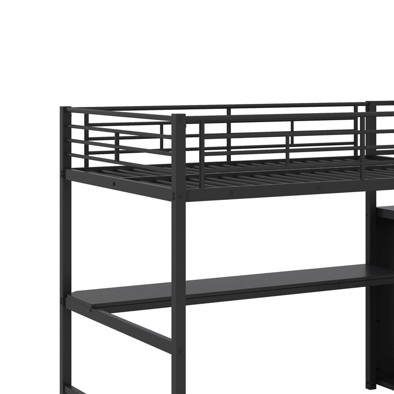 Full Size Metal Loft Bed With Storage Staircase,Desk, LED Light And Small Wardrobe, Black/Black