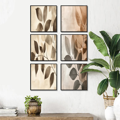 Feuilles taupe mosaïque collage - ensemble de 6 impressions sur toile florales