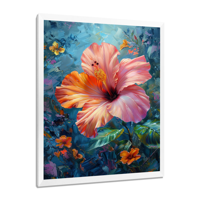 Rose, vert, tropical, oasis, hibiscus - Hibiscus, impression d'art mural, H 12 po x l 20 po, Cadre simple blanc