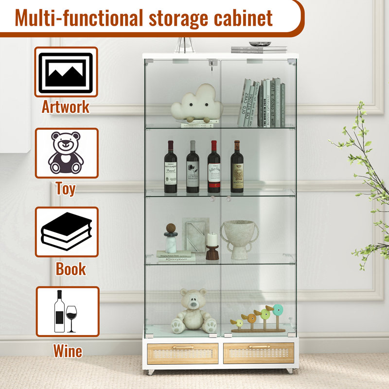 Modern Glass Display Cabinet With 4 Tempered Glass Bookshelf,natural, White