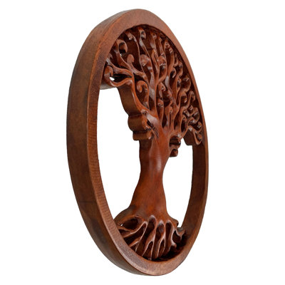 Bohemian Tree of Life Hand Carved Wood Wall Hanging with Brown Mahogany Finish — 11.5 in. Diameter, 1 in. Thick