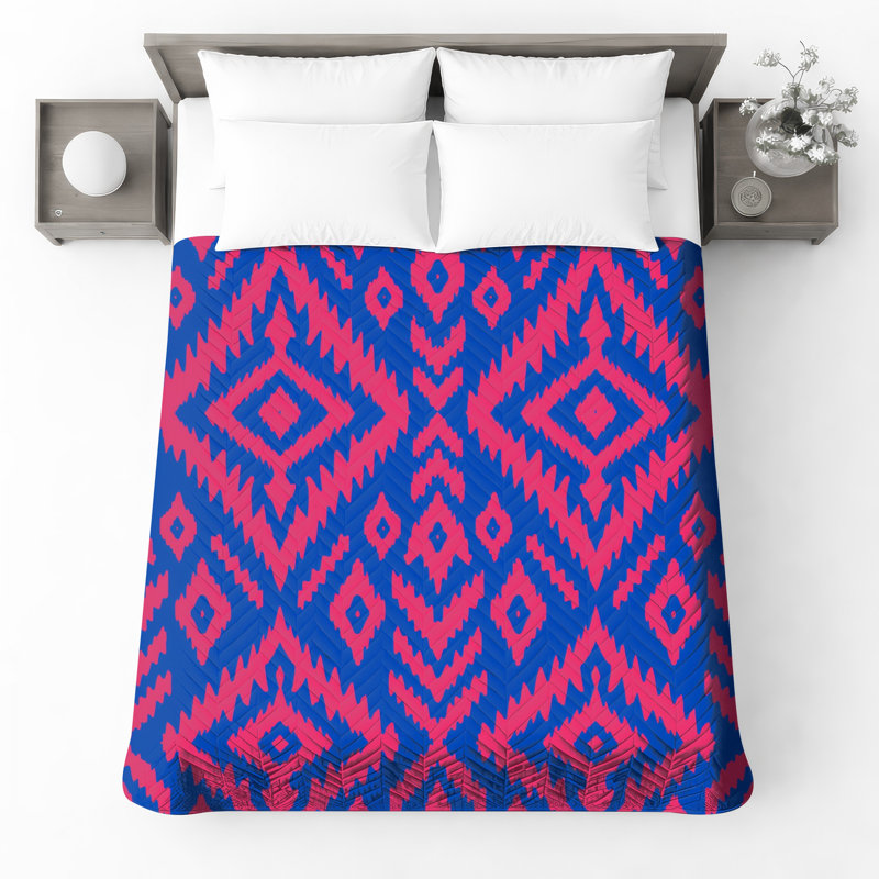 Blue Ikat Quilted Thin Bedspread, Full / Double
