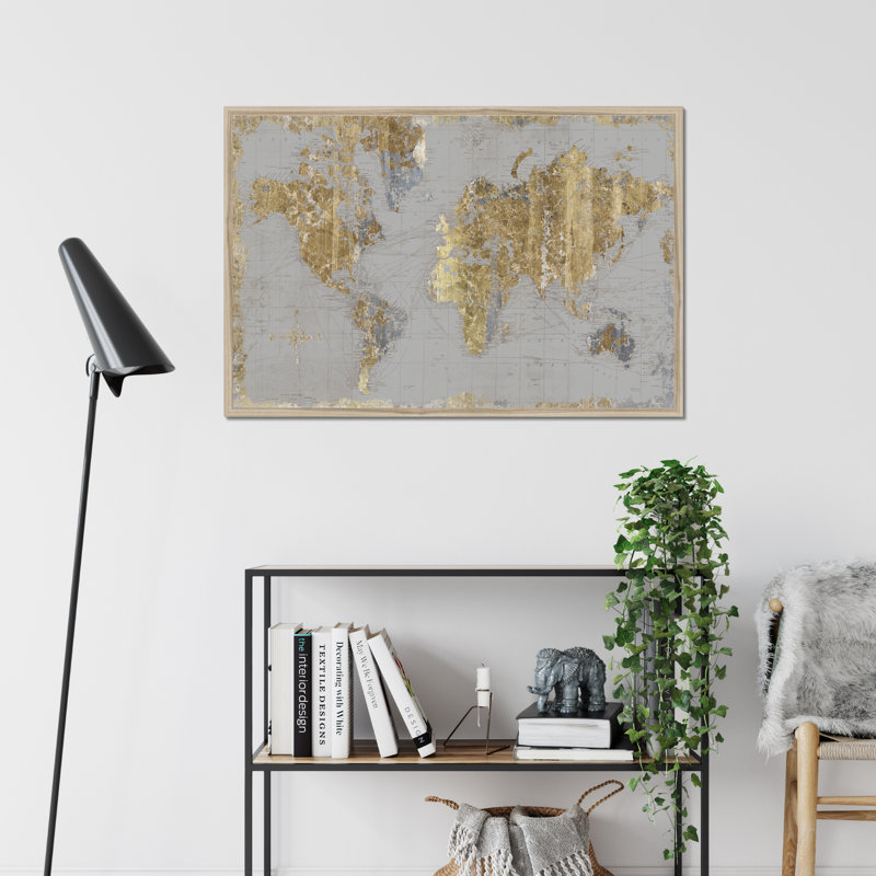 Gilded Map Light Grey by Wild Apple Portfolio - Print, 65cm H x 95cm W, Natural Wood Framed Paper Print