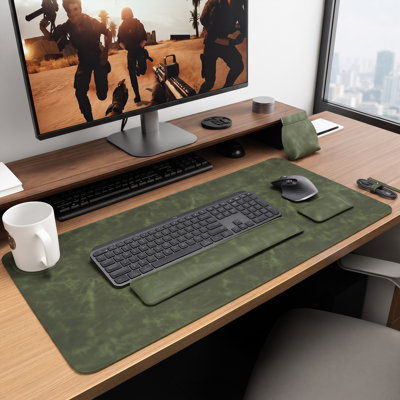 Grand tapis de souris et repose-poignets pour clavier, tapis de bureau en cuir PU de 80 x 40 cm avec support pour les poignets, ensemble tapis de souris et tapis de bureau pour le travail et les jeux, vert