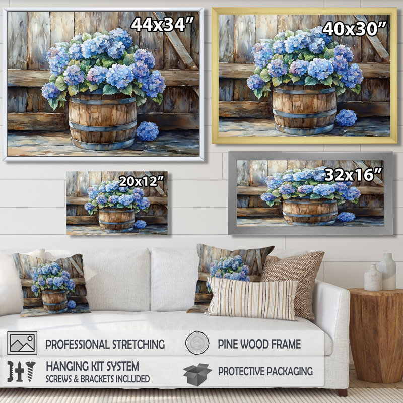 Hortensias dans un tonneau en bois - Hydrangea, art mural encadré, Argent argent, H 34 po x l 44 po