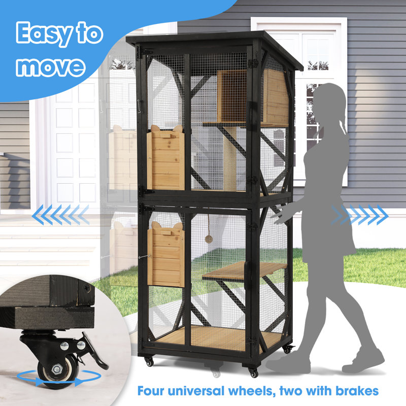 Black and Natural 4-Tier Outdoor Wooden Cat House with Wheels