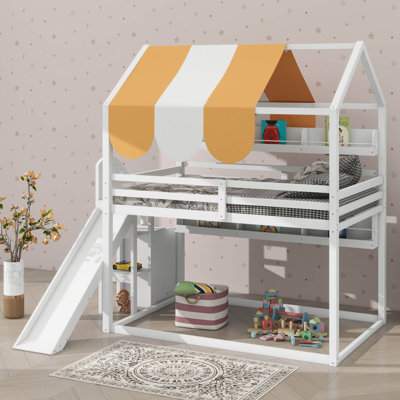 Bunk Bed In Full Size With Canopy, Slide Design & Built-In Bookshelves