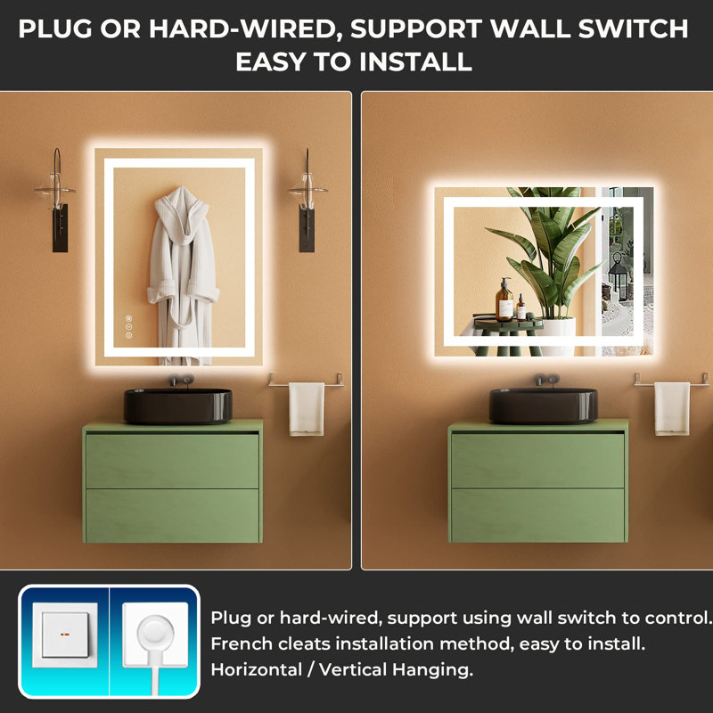 Akilan Frameless LED Vanity Mirror with Front-lit and Back-lit, Memory Function, 3 Color Temperatures & Dimmable Light, Anti-fog Tempered Glass ETL Mirror