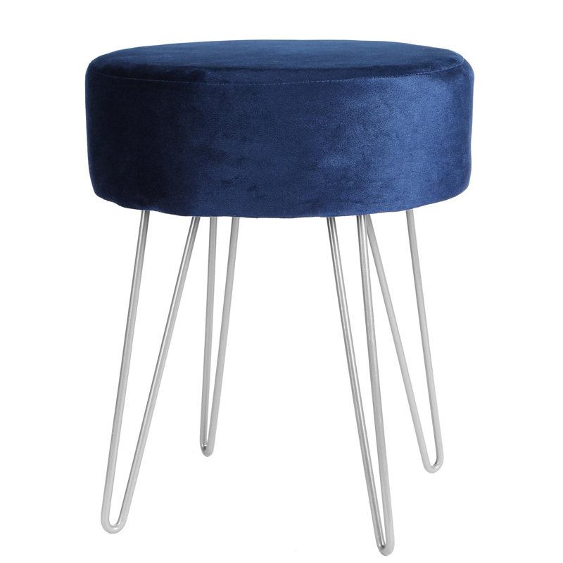 Harbour Housewares Round Velvet Footstool, Blue, Silver