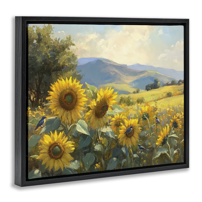 Cadre flottant Sunflower Dream Distant Mountains, design par Petal Prints Design, Cadre flottant noir de jais