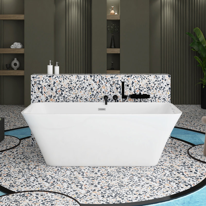 66 In. X 29.5 In. Acrylic Freestanding Soaking Bathtub With Center Drain In Glossy White/Polished Chrome