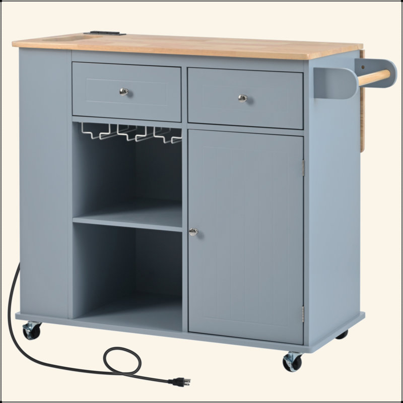 Kitchen Island With Power Outlet,Kitchen Storage Island With Drop Leaf And Rubber Wood,Open Storage And Wine Rack,5 Wheels,With Adjustable Storage For Home, Kitchen, And Dining Room, Grey Blue