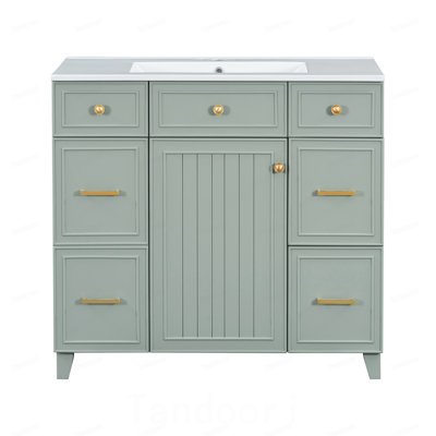 Meuble-lavabo 36 po avec lavabo en céramique, cadre en bois massif blanc, portes à fermeture douce, tablettes réglables, 3 tiroirs, y compris un tiroir à double profondeur pour le rangement du sèche-cheveux