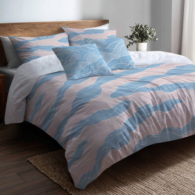 Ensemble d'édredon abstrait 6 pièces - Ensemble de literie et coussin décoratif plage rose et bleu Coastal Line